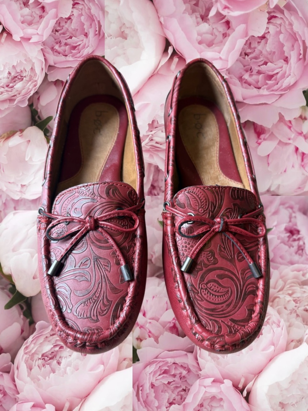 b.o.c. Burgundy leather patterned  loafers with bow detail